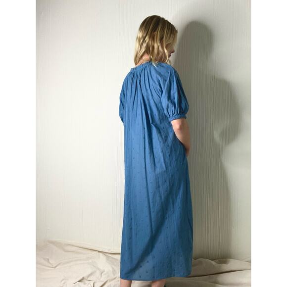 MNG Cotton Blue Smocked Puff Sleeve Maxi Dress NWT US 8 - Picture 6 of 12